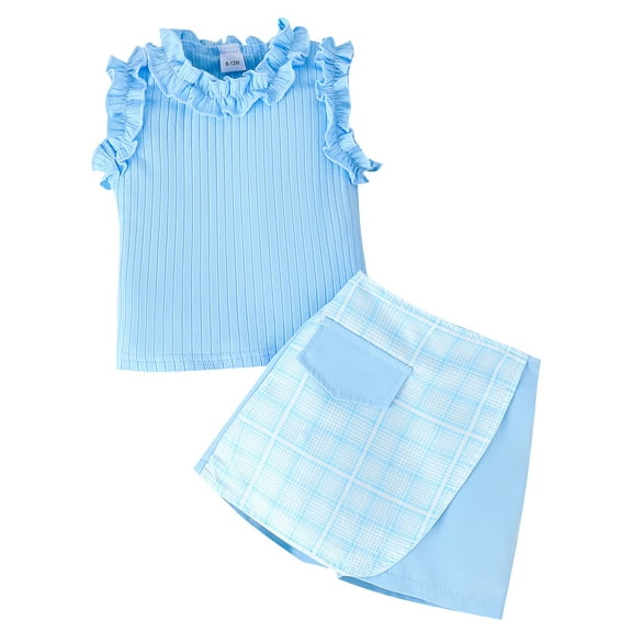 Mevireiy Baby Girls Two Piece Outfits Ribbed Knit Ruffle Tank Tops Plaid Skirt Shorts