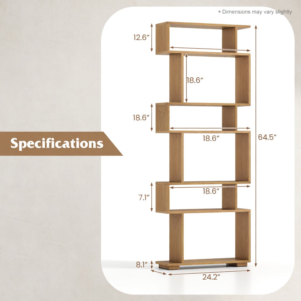 GVN 6-Tier Geometric Open Bookshelf Stylish Modern Display Bookcase with 2 Anti-Tipping Kits Stable Structure for Home Office Study Living Room Storage Furniture, Natural