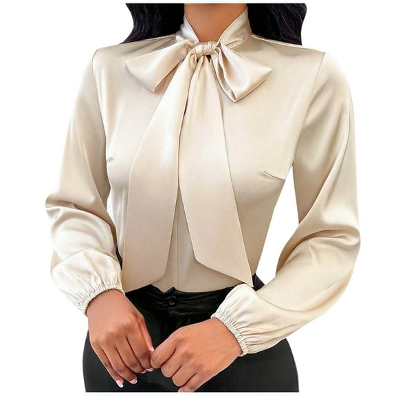 Dasayo Cute Women's Tops Silk Satin Beige Long Sleeve Shirts Lace up Solid Fancy Office Clothing Women T Shirts L