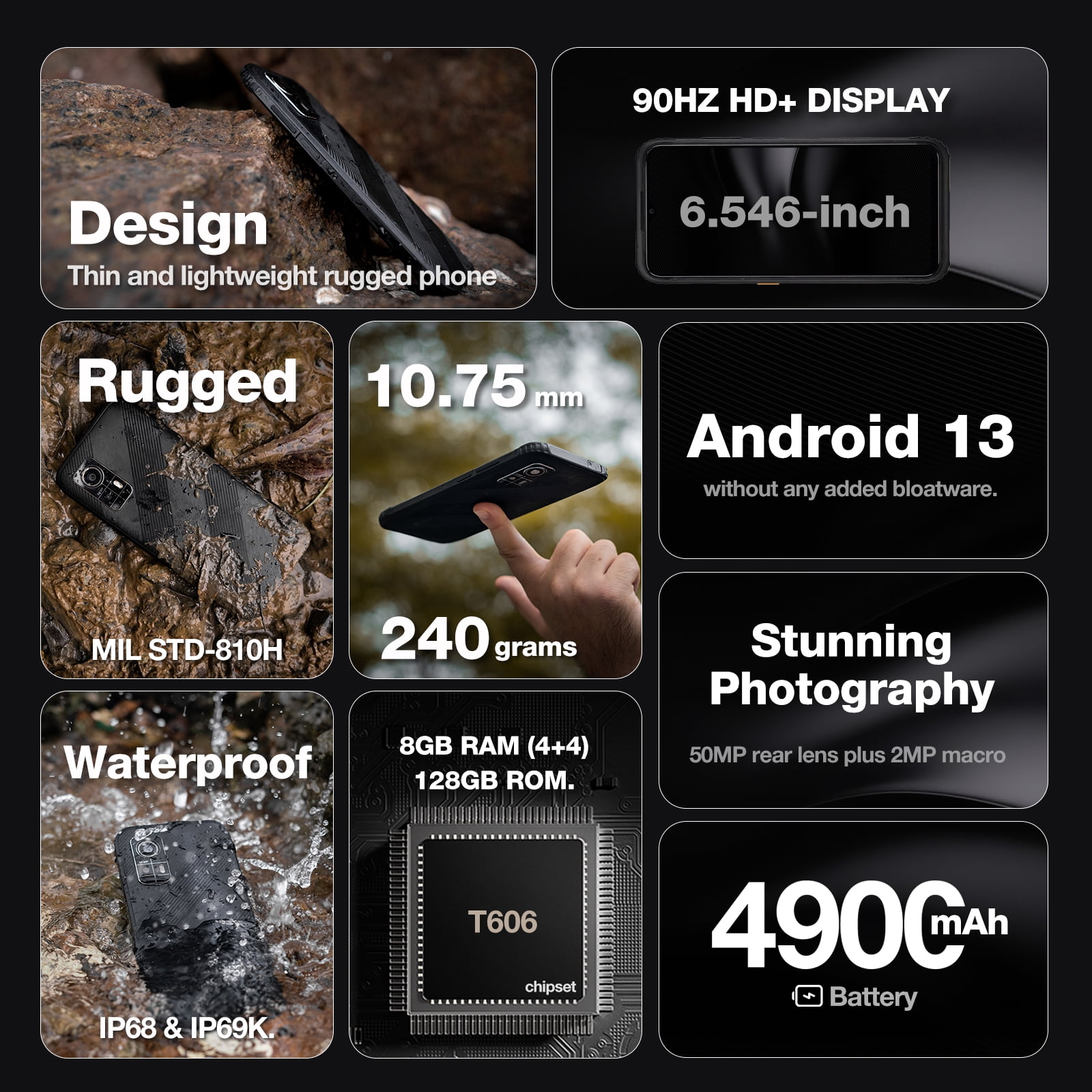 AGM H6 Lite Rugged unlocked cell phones, Ultra-Thin 10.75mm, Rugged Smartphone, 16GB RAM (4+4) + 128GB ROM, Android 13 T-mobile Phone, 6.56-inch 90Hz Display, IP68/IP69K, 4G Double SIM/NFC/GPS