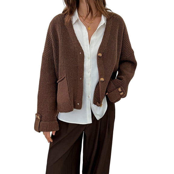 Women Chunky Knit Open Front Sweater Long Sleeve Button Loose Short Cardigan Outerwear Coats Brown S