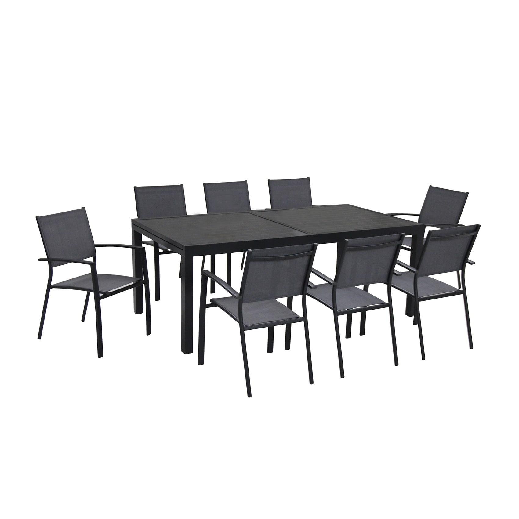 Cambridge Nova 9-Piece Dining Set with Extra Large Expandable Table | 8 Sling-Back Stackable Chairs | Modern Outdoor Furniture | Premium Weather-Resistant Aluminum Frames | Grey