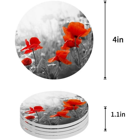 

ZHANZZK Poppy Flower Design Set of 6 Round Coaster for Drinks Absorbent Ceramic Stone Coasters Cup Mat with Cork Base for Home Kitchen Room Coffee Table Bar Decor