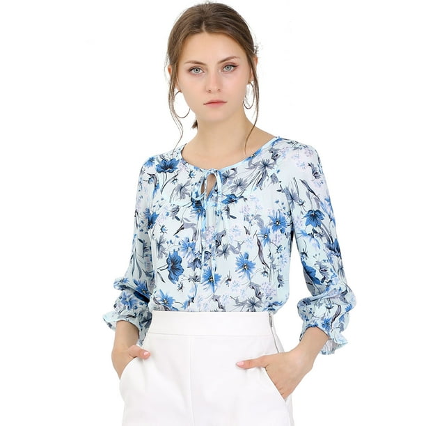 Blusa floral de manga 3/4 Allegra K con volantes y cuello En V informal para mujer Azul S