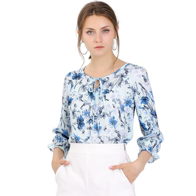 INSPIRE CHIC Women's Tie V Neck Boho Ruffled 3/4 Sleeve Floral Blouse
