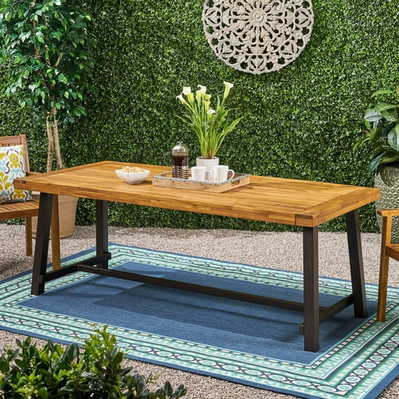 Outdoor 8 Wood Dining Table - Finish, 77.94 In. Length, 36.12 Width, 29.21 Height, Metal Frame Included For 8, With Frame, 77.94in X 36.12in 29.21in
