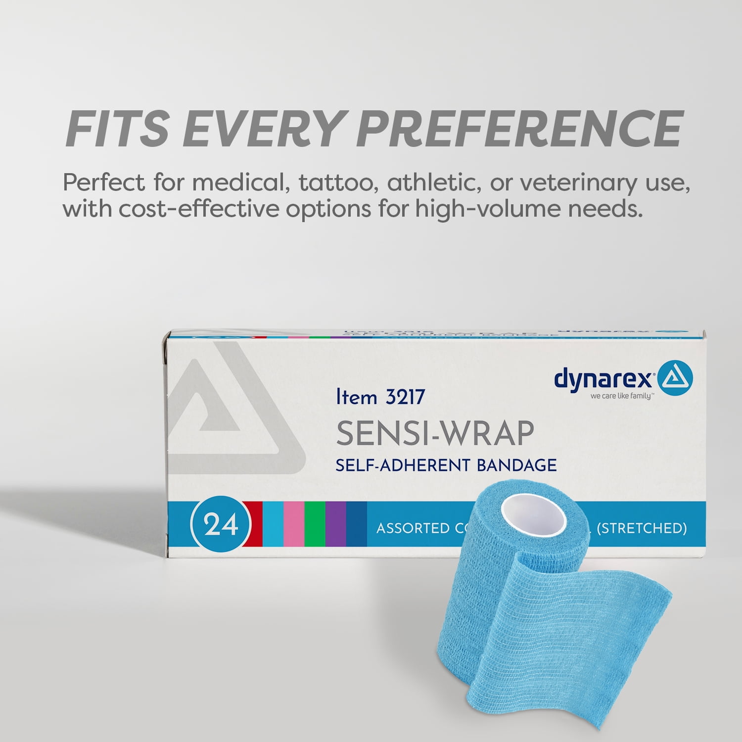 Dynarex Sensi-Wrap Self-Adhesive Bandages, 24-Pack, 3" x 5 yards, Assorted Colors, Latex-Free, Colored Elastic Cohesive Athletic Tape, Tattoo Grip & Vet Wrap