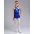thumbnail image 4 of YiZYiF Girl's Sequins Tassel Latin Dance Leotard Dress Cha-Cha Performance Sparkly Fringed Bodysuit Blue 16, 4 of 7