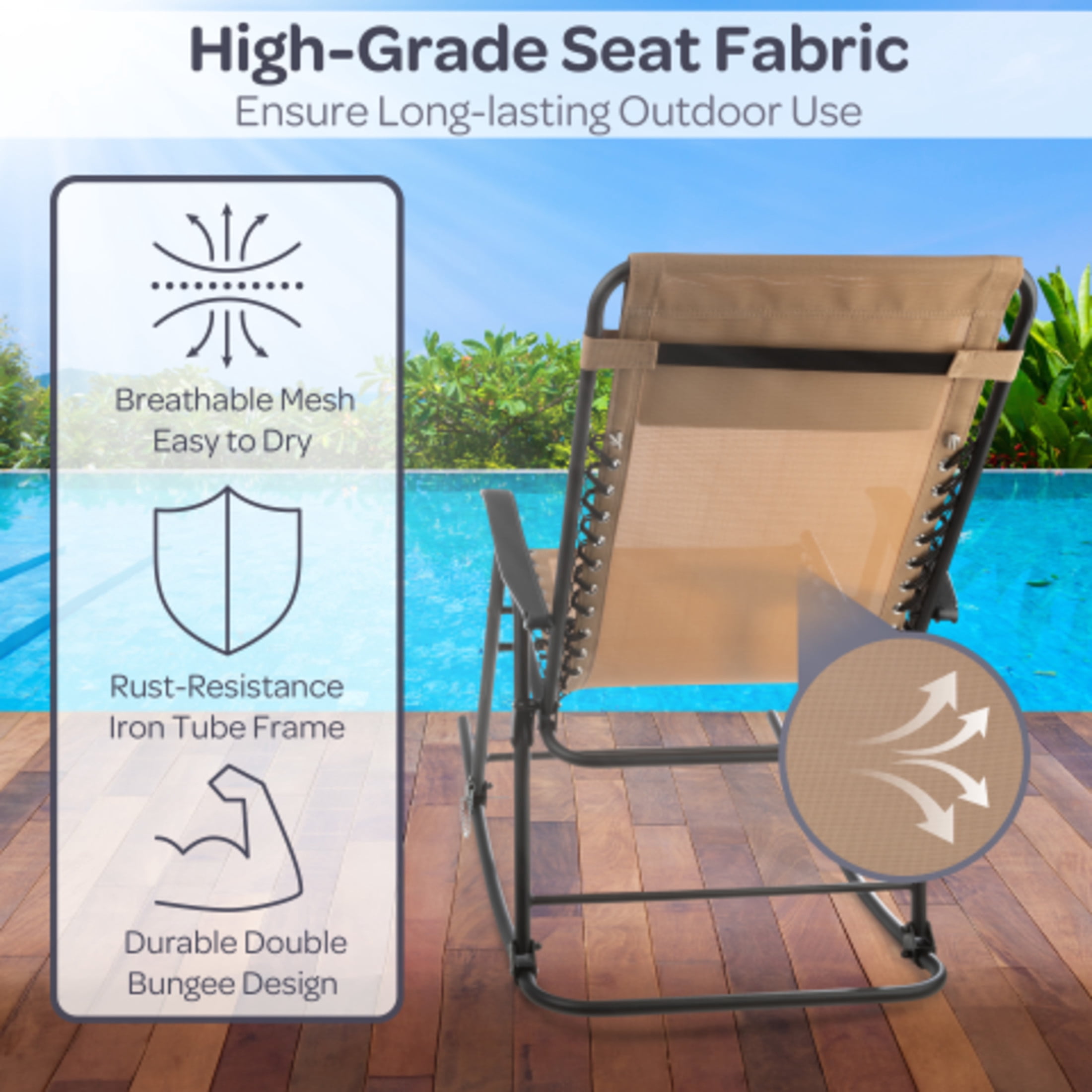 Lavish Home Outdoor Rocking Chair – Foldable Camping Chair with Pillow, Bungee Support and 309 lbs Capacity, Beige