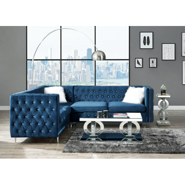 Modular 3pc Sectional Sofa Contemporary, Nailhead Sectional Sofa Blue