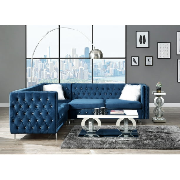 Modular 3pc Sectional Sofa Contemporary Blue Fabric Nailhead Trim On Tufted Com Modular 3pc Sectional Sofa Contemporary, Nailhead Sectional Sofa Blue