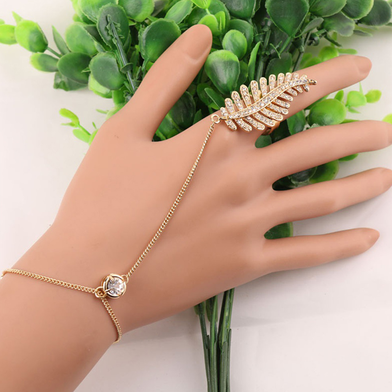 Grandest Birch Feather Shape Rhinestone Wrist Chain Women Shiny Adjustable  Finger Ring Bracelet Jewelry Rhinestone,Alloy Gold