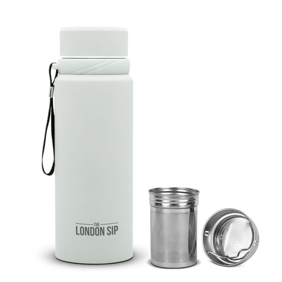 London Sip 25 oz Multi-Purpose Tea Infuser Mug – Fruit Infuser Water Bottle for Hot and Cold – Double Wall Stainless Steel Insulated, Pearl White