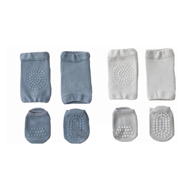 Juego de calcetines con rodilleras para gatear para bebés, algodón peinado, suave, antideslizante, protector de rodilla, gris claro y azul, M para 1 a 3 años
