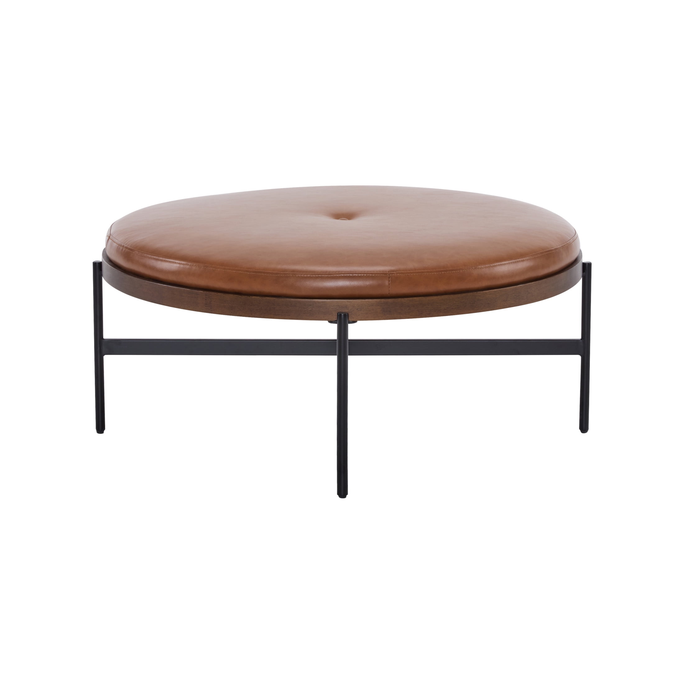 Casual Home 36'' Modern Round Cocktail Ottoman with PU Upholstery and Metal Base, Brown and Black