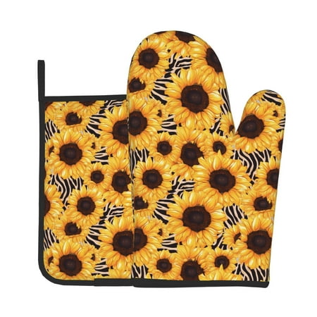 

KLL Artistic Zebra Print Sunflower Pattern Oven Mitts and Pot Holders 2pcs Sets for Kitchen Oven Mitt Heat Resistant 536°F Oven Gloves for Kitchen Cooking and Baking