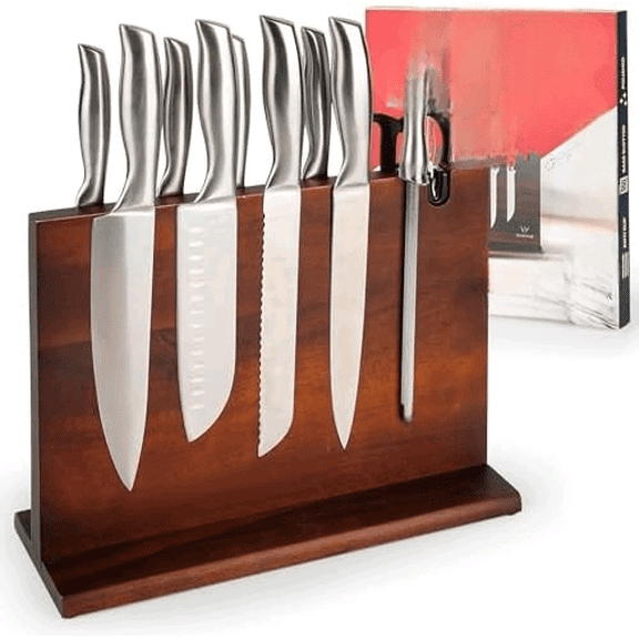 Acacia Wood Magnetic Knife Block with Sharpener — 14 x 10 in Double Sided Magnetic Knife Holder with Built-In Sharpener — Warm Wood Countertop Knife Display Stand for Knives, Scissors, & Tools
