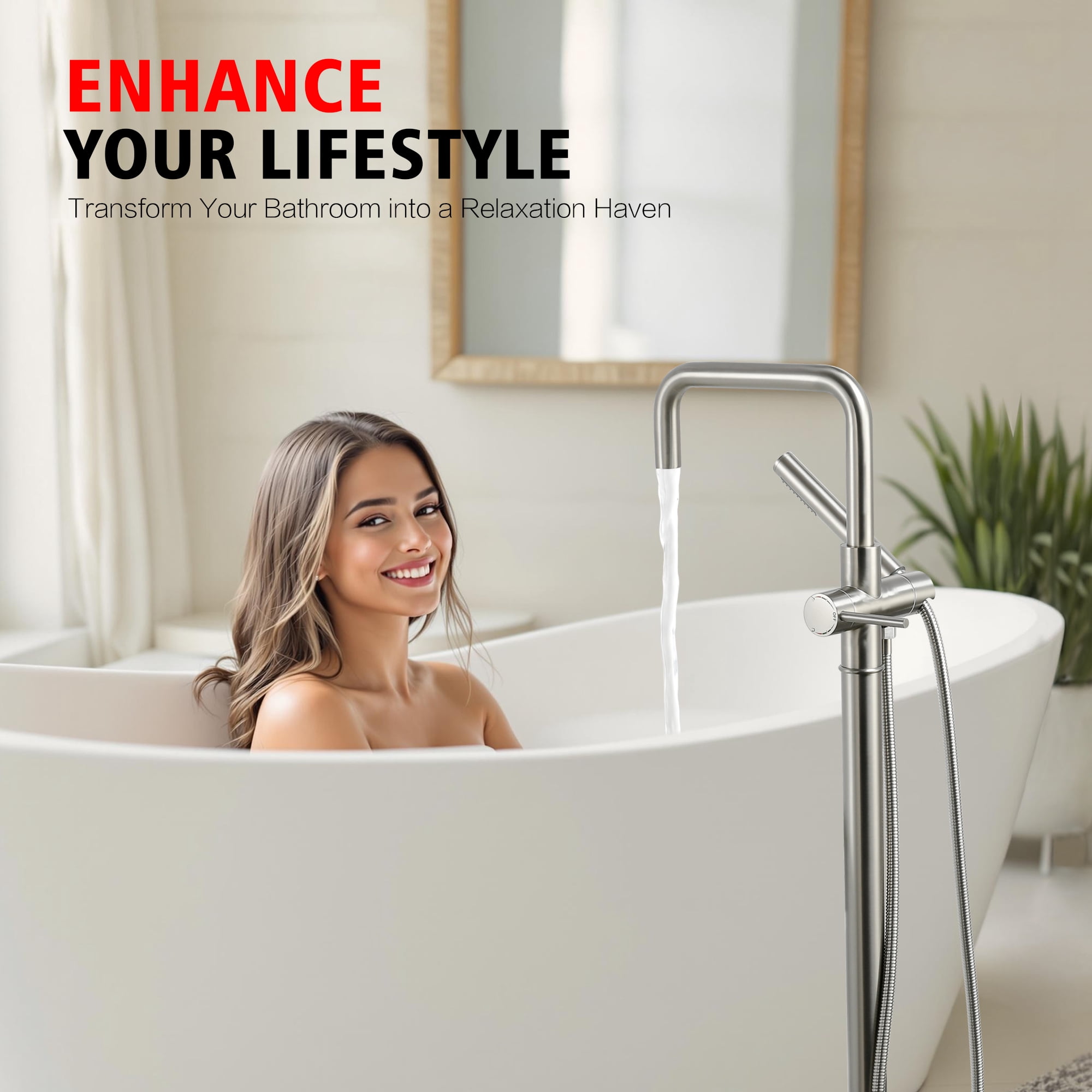 sumerain Floor Mount Bathtub Faucet with Hand Shower, Modern Brushed Nickel Freestanding Tub Faucet High Flow