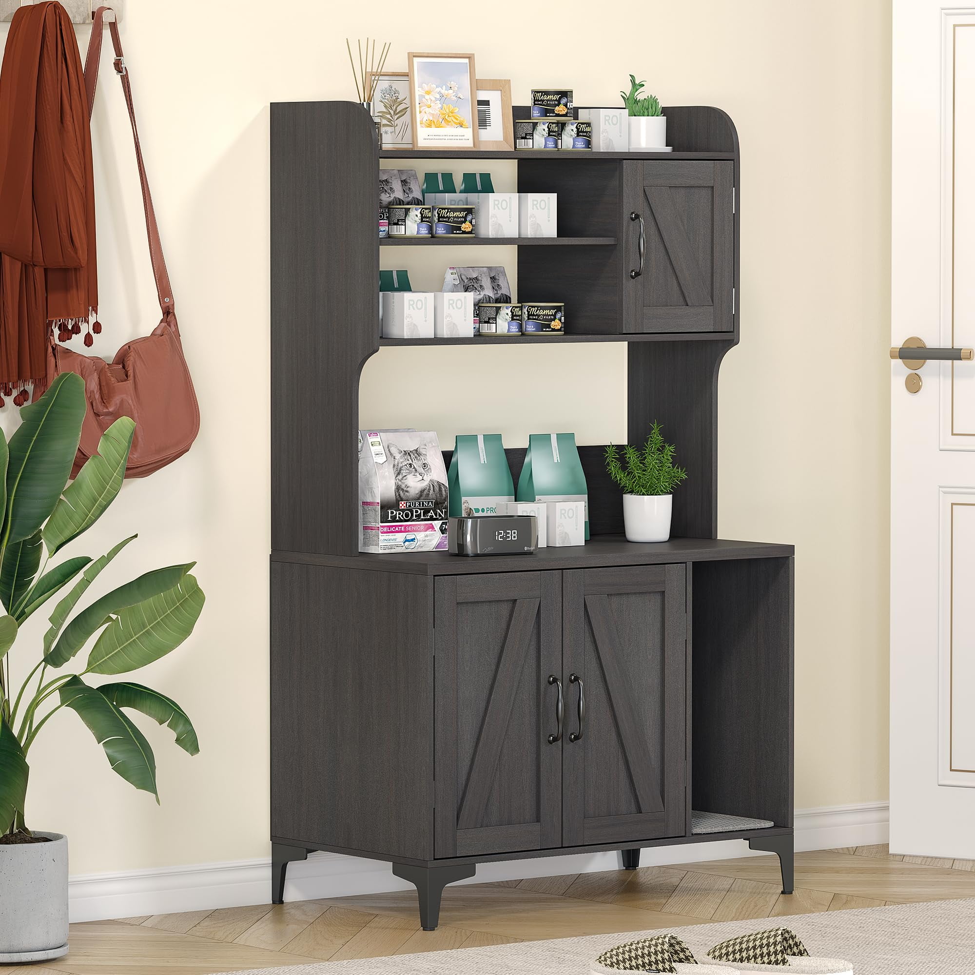 TROPOW Cat Litter Box Furniture,Hidden Cat Box Enclosure with Shelf Storage,Cat Litter Box Enclosure, Wood Sturdy Cat Washroom Storage, Indoor Cat House Furniture, Dark Gray