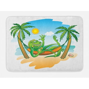 Iguana Bath Mat, Green Iguana Smiling Waving Sunbathing Tropical Holiday Palm Trees with Hammock, Plush Bathroom Decor Mat with Non Slip Backing, 29.5" X 17.5", Multicolor, by Ambesonne