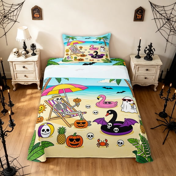 Feelyou Cartoon Skeleton Twin Sheets, Summer Beach Flamingo Bedding, Blue Yellow, 3pcs, 1 Flat Sheet, 1 Fitted Sheet and 1 Pillowcase
