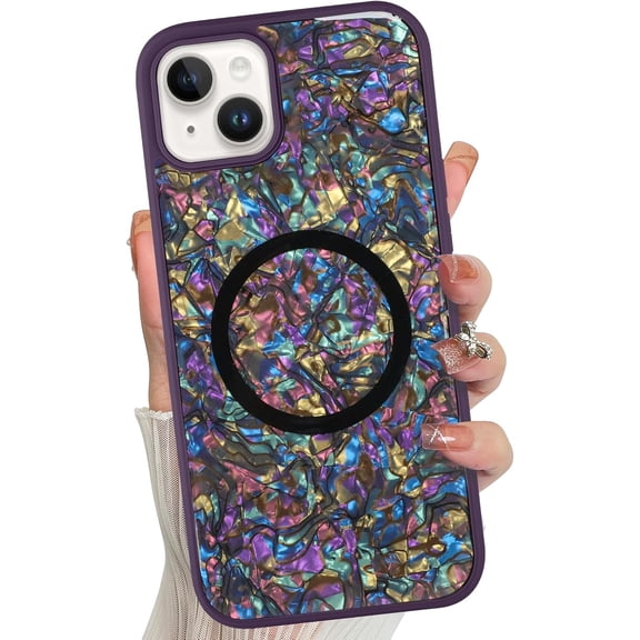 Magnetic for iPhone 13 Case, Luxury Colorful Abalone Shell Phone Case for Women Men, Compatible with MagSafe, Cute Sparkle Glossy Shockproof Protective Cover, Elegant Purple