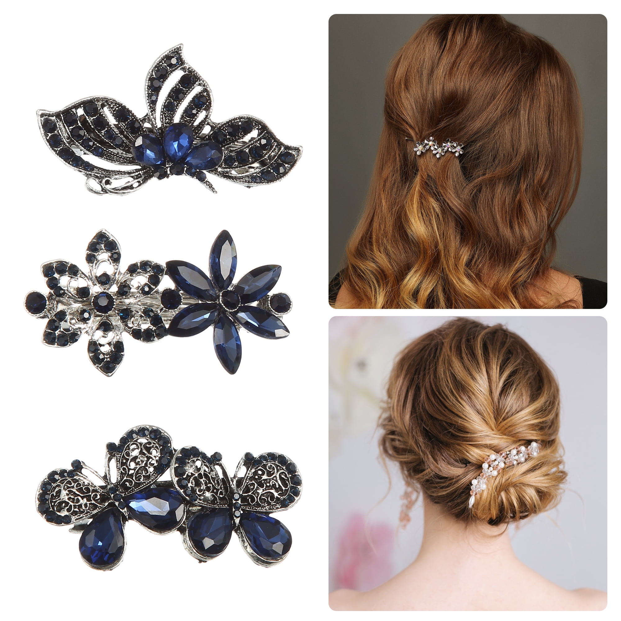 Unique Bargains 3 Pcs Hair Barrettes, Sparkly Glitter Rhinestones Hair Clips for Women