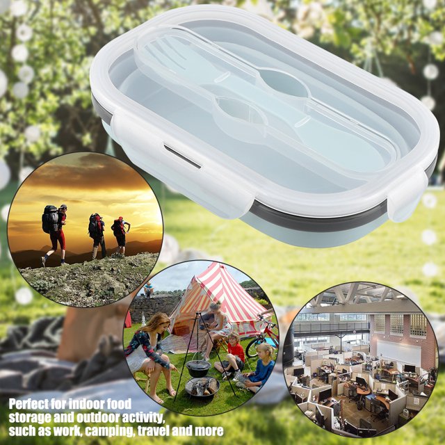 Qiilu Silicone Lunch Box,Food Grade Silicone Foldable Lunch Box Portable Rectangle Food Storage Container, Folding Lunch Box