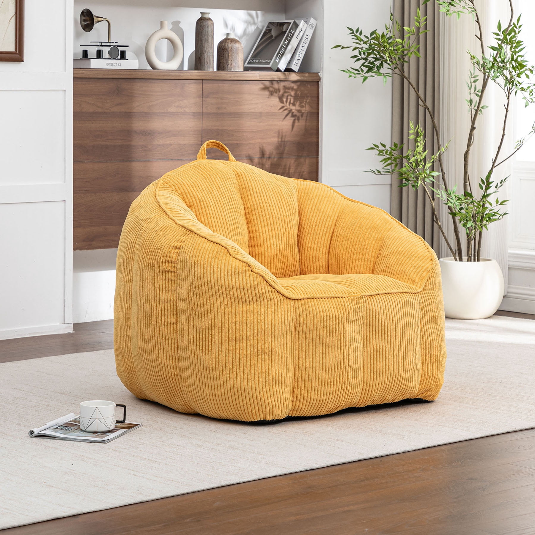 S-HOME Ergonomic Corduroy Bean Bag Chair for Adults and Teens in Classic Colour with Supportive Armrests for All Spaces, Yellow