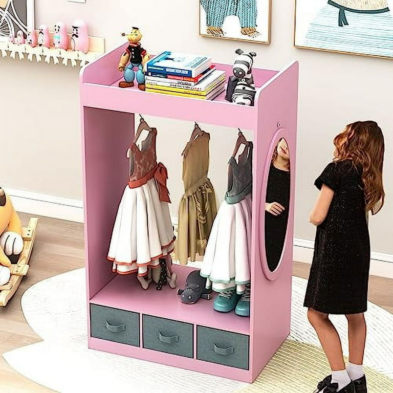 BELANITAS Kids Dress up Rack with Mirror Open Hanging Kids Dress up Storage Dress up Clothes Storage for Little Girls Kids Wardrobe with 3 Large Drawers Kids Costume Rack Toddler Wardrobe Pink Walmart...