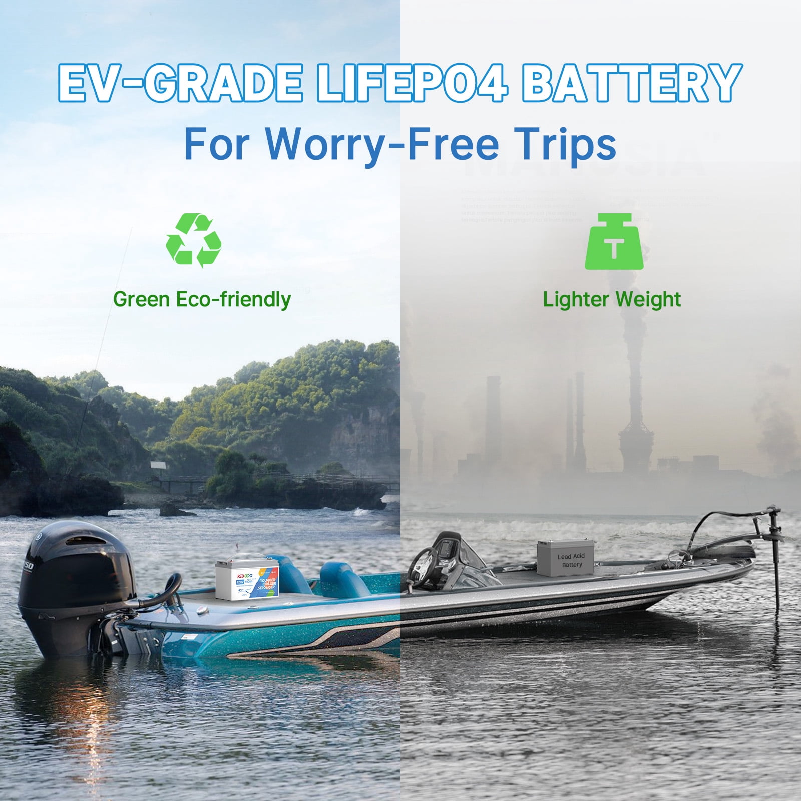Redodo 12V 100Ah LiFePO4 Battery (4 Pack), Bluetooth Electric Outboard Motor Battery with 100A BMS Supports up to 60V System