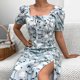 thumbnail image 5 of Puntoco Vestido De Manga Corta Con Cuello En V, Vestido Informal Y Sexy De Verano Con Cuello Cuadrado Y Manga Abullonada Con Abertura Floral, Estilo Festivo, Azul Claro Xl, 5 of 6