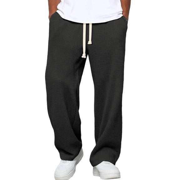 WTOBBY Men's Casual Waffle Knit Pants, Relaxed Fit with Elastic Waist and Drawstring for Daily Wear, Comfortable and Versatile for Lounge and Outdoor Activities,Black L