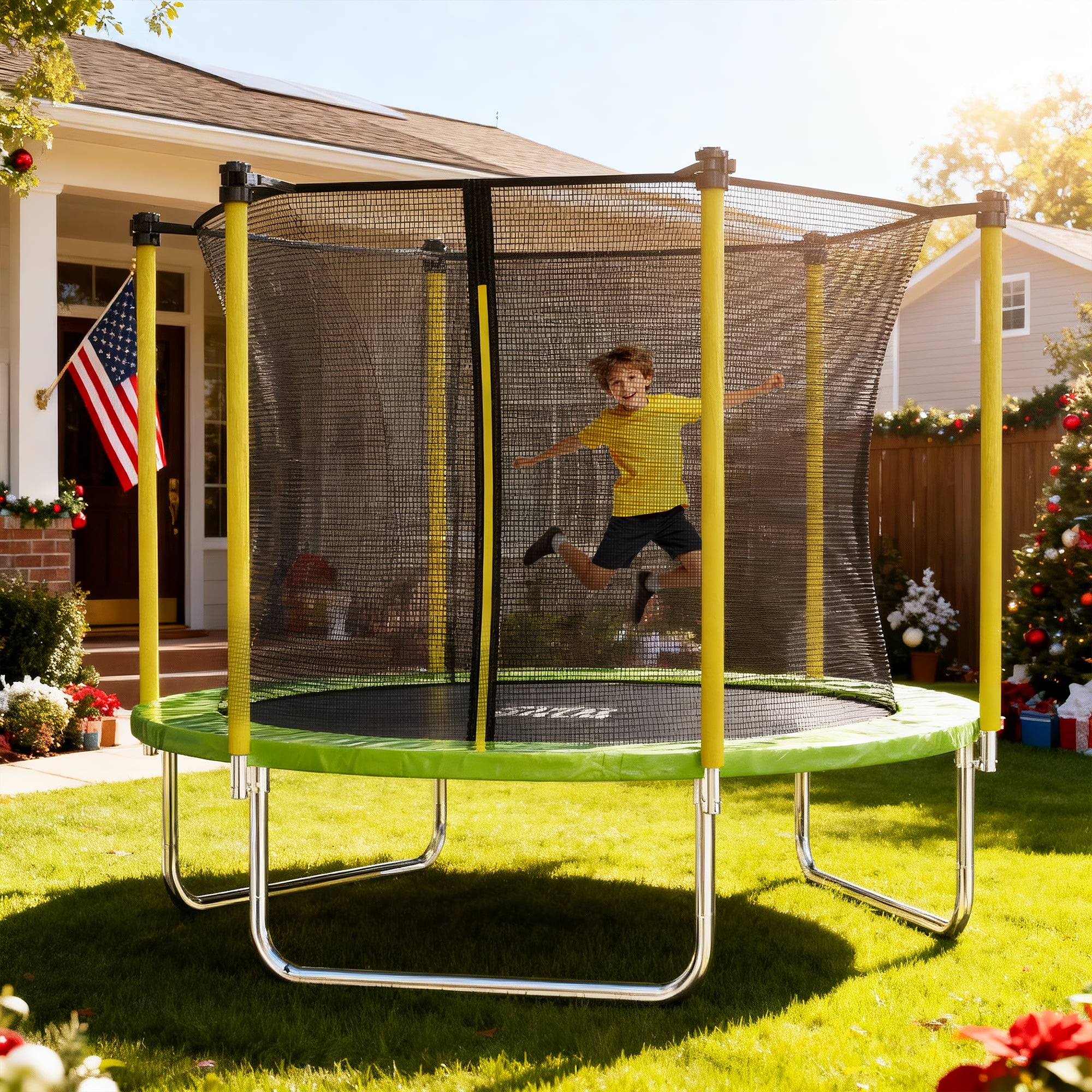SKOK 8ft Round Trampoline for Kids & Adults, Heavy Duty Outdoor Trampoline with Safety Enclosure Net for Family Fun, Green & Yellow