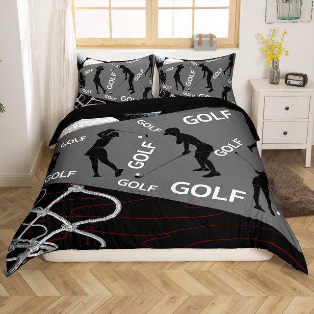 Erosebridal Housse de Couette de Sport de Golf Simple, Literie Noire Grise Taille Simple, Décor à Rayures Géométriques, Réversible 2 Pcs (Sans Couette)