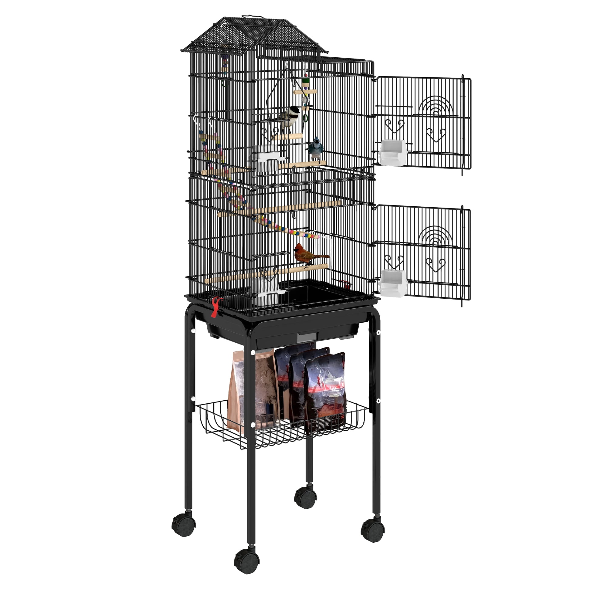 Uforic 62" Large Metal Bird cage with Rolling Stand, Slide-Out Tray,3 Perches and 4 Feeders, Black