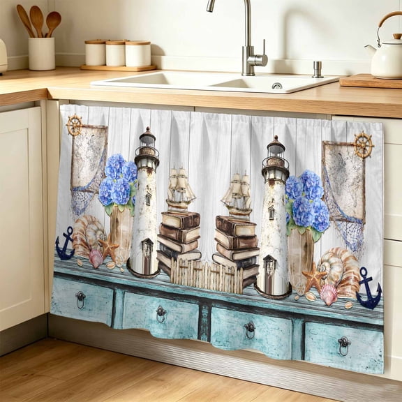 Vintage Lighthouse Coastal Cabinet Curtains for Shelves, Nautical Ocean Sea Retro Art Privacy Curtain for Closet Self Adhesive, Dust-Proof Drapes for Closet Storage Room Classroom 32"W x 55"L