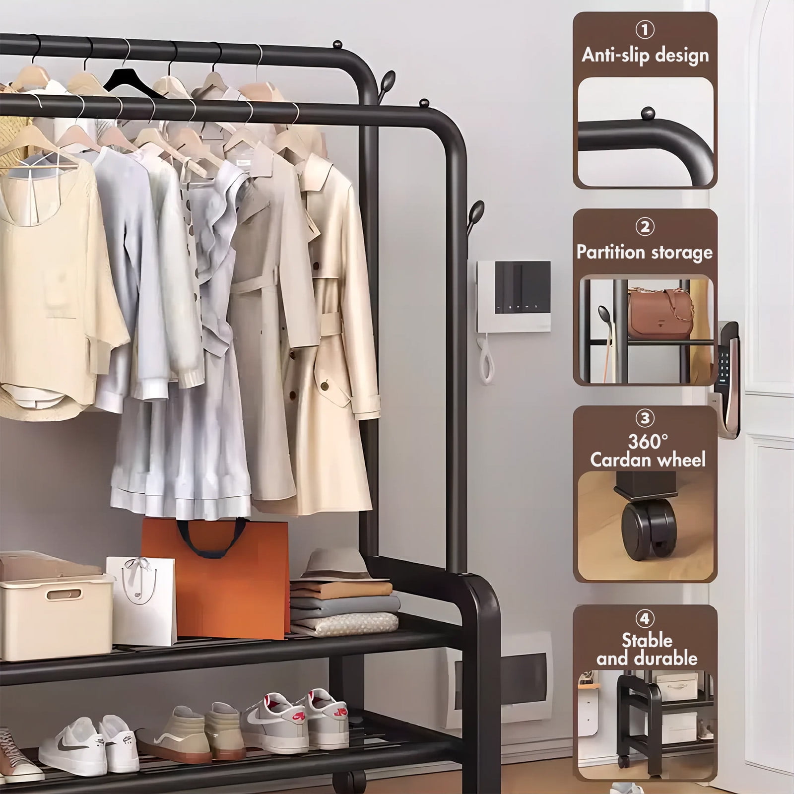 Clothes Rack With Wheels, Portable Clothing Rack With Shelves & Hooks, Heavy Duty Garment Racks for Hanging Clothes, Multi-Functional Closet Rack for Bedroom, Black
