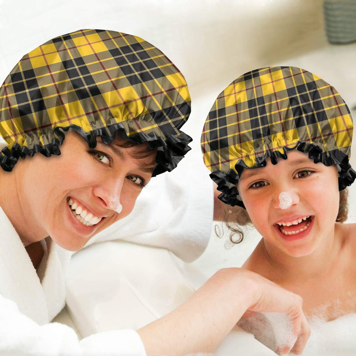 Shower Caps,Yellow Black and Red Checkerboard Checkered Pattern Waterproof Shower Cap for Women 4 Pieces,Double Reusable Hair Cover for Shower PEVA Elastic Stretch Hem