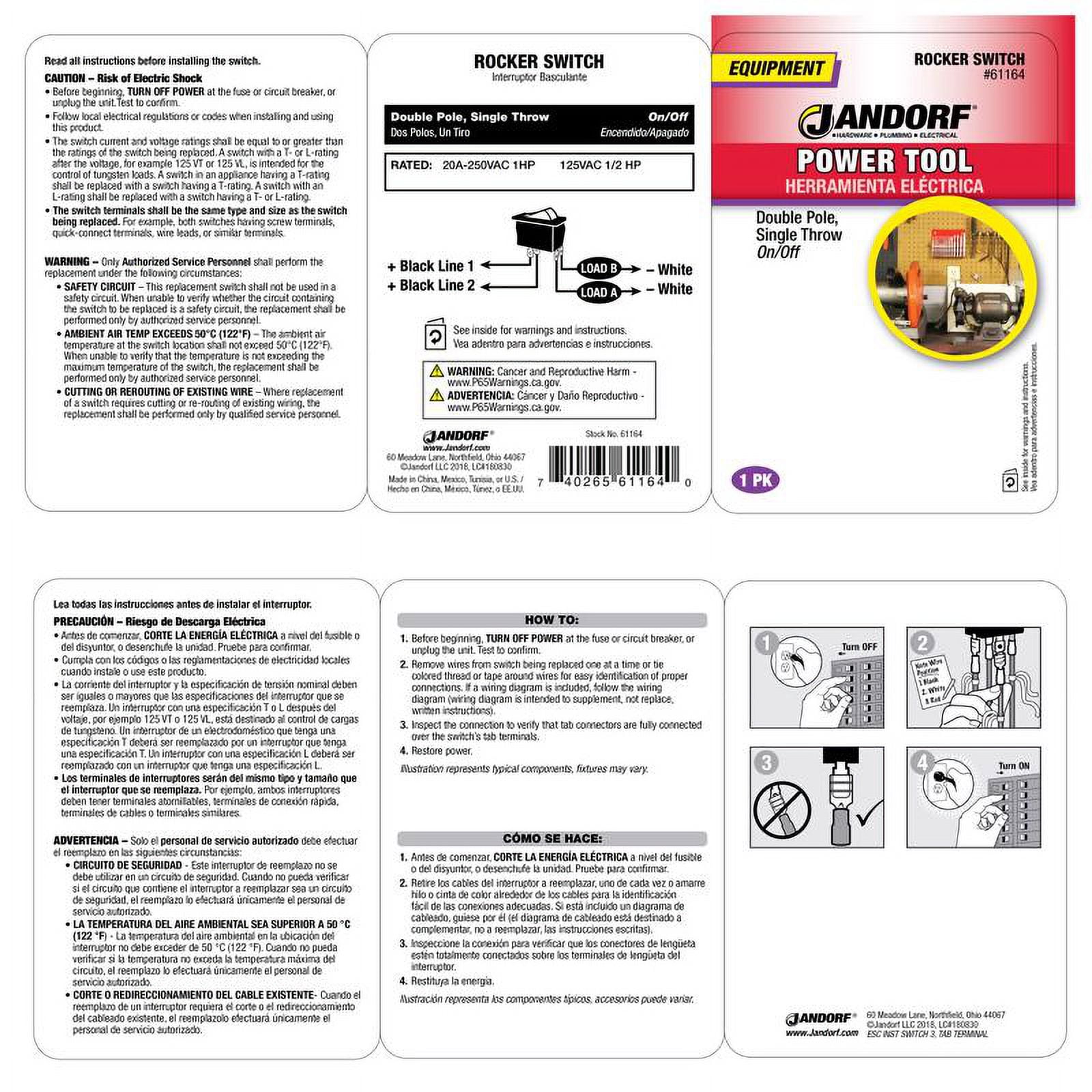 Jandorf 61164 DPST Rocker Switch, 8 Amp, 125 Volt