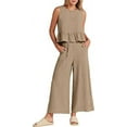 thumbnail image 2 of Women'S Casual Sleeveless Pleated Round Neck Vest Wide Leg Cropped Pants Set Khaki XL, 2 of 6
