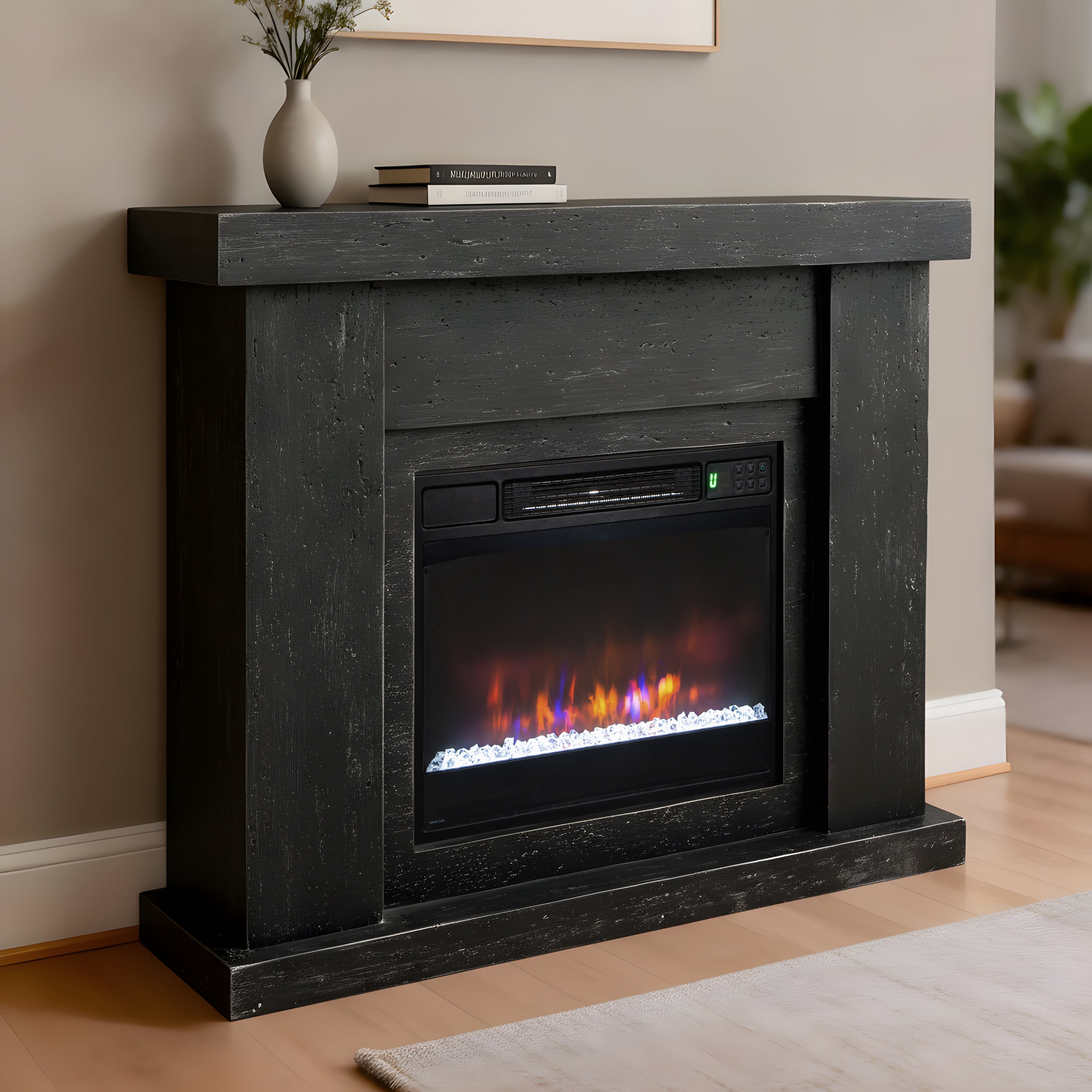 JoyRiver Marble-StyleTV Stand with Electric Fireplace, Digital Thermostat & Dual Control, Elegant Minimalist Design，Black Travertine