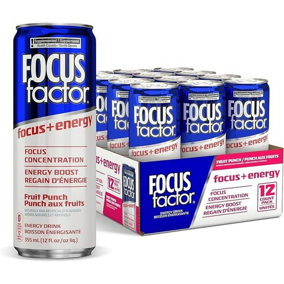 Focus Factor Energy Drink - 12 x 355ml Cans (Fruit Punch Flavor), Lightly Carbonated, Sugar Free