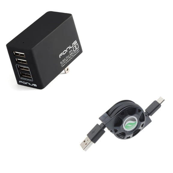 Retractable USB Cable w 34W Home Charger W9N for Blackberry Key2 LE - BLU G9, Vivo XI Plus 5 - CAT S61 S48c - Coolpad Legacy - Essential Phone (PH-1) - Google Pixel XL 3a XL 3 XL 2 XL