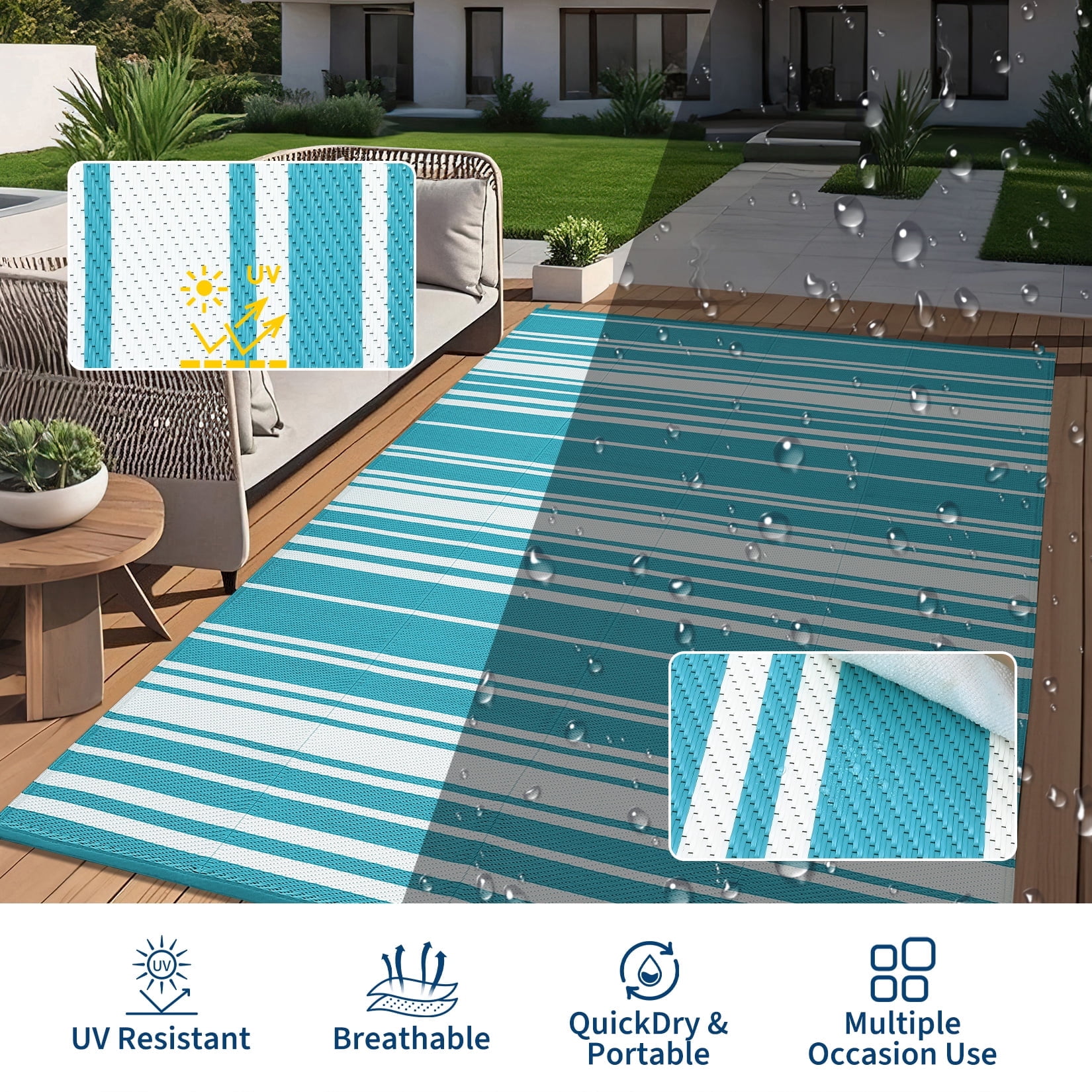 Twister.CK Outdoor Rug 8' x 10' Waterproof Patio Rug, Reversible Plastic Outside Carpet, Striped Camping Straw Rugs, for RV Camping Deck Balcony Backyard, Light Blue