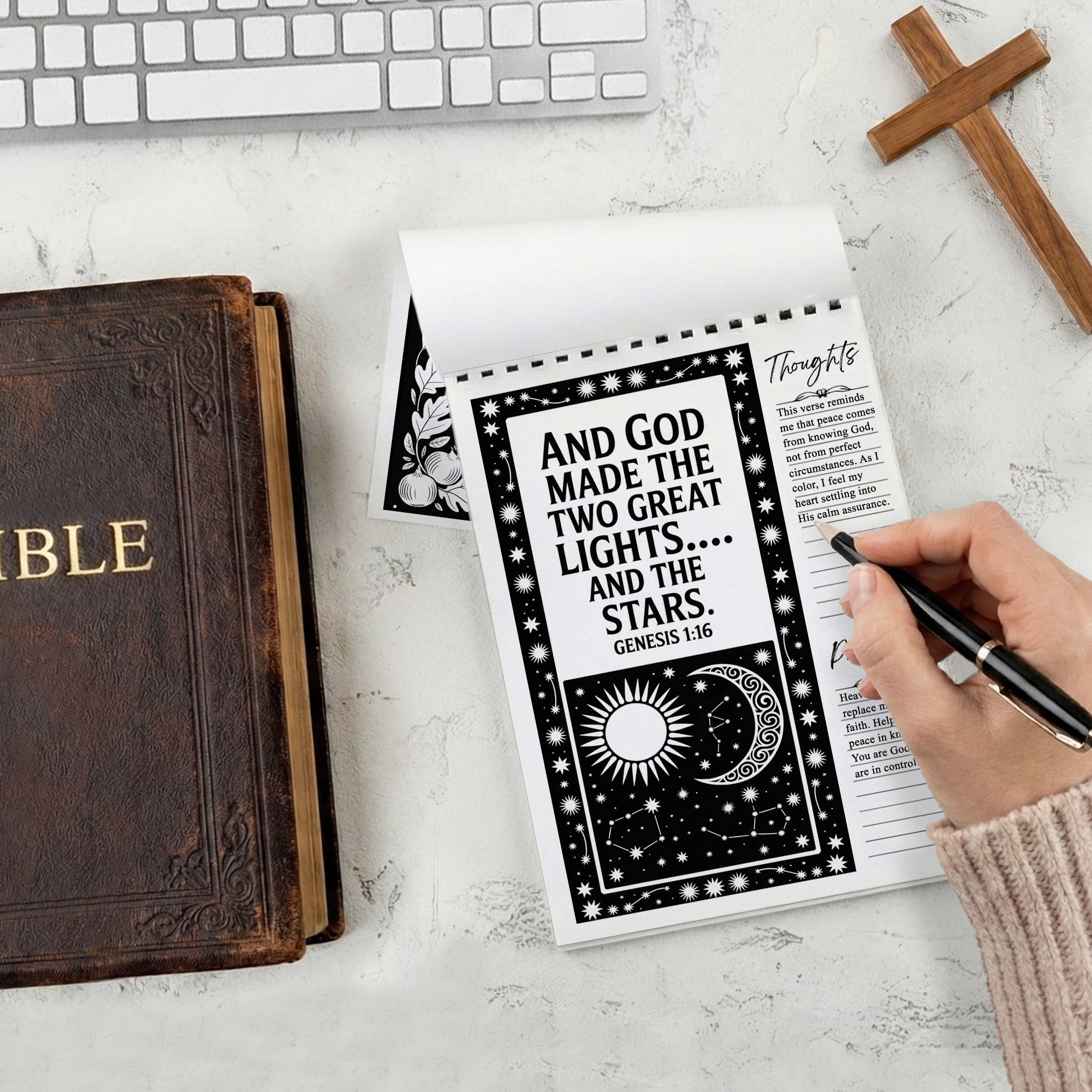 Genesis Monochrome Coloring Book for Adults, 30 Minimalist Scripture Art Pages with Reflection & Prayer Space, Spiral Bound, A4 or A5 Softcover or Wood Cover