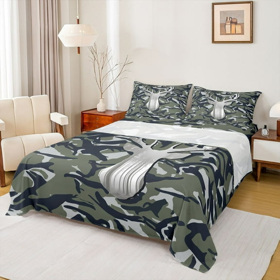 Homewish Animal Deer 3pcs Twin Sheet Sets For Children Teens,Abstract Camo Twin Fitted Sheet,Geometric Camouflage Breathable Flat Sheet,Breathable Home Decor