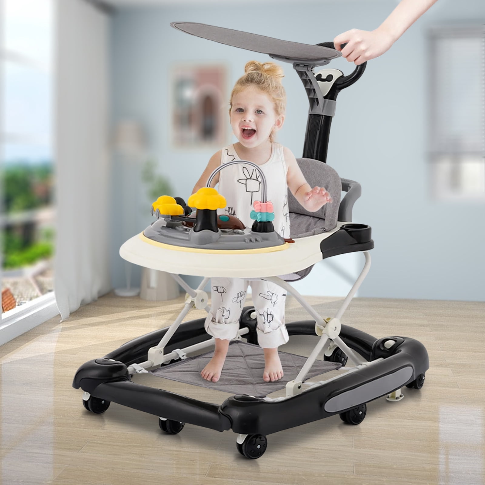 OUYI Foldable Baby Walker for Newborn & Toddler Safe - Sunshade, Foldable for Portability, Black