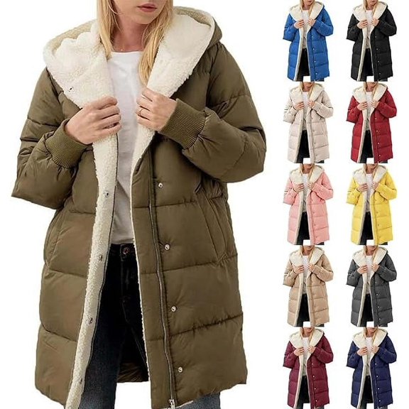 Womens Long Puffer Coat Plus Size Winter Coats Sherpa Jacket Fleece Lined Thicken Hooded Windproof Quilted Puffer