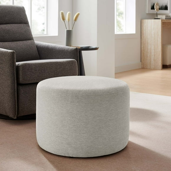 Modway Callum Large 23" Round Woven Heathered Fabric Upholstered Ottoman in Heathered Weave Ivory